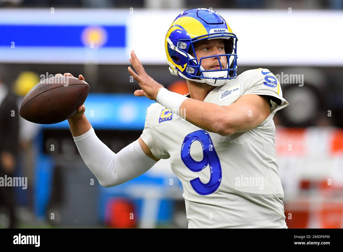 Los Angeles Rams quarterback Matthew Stafford warms up before an