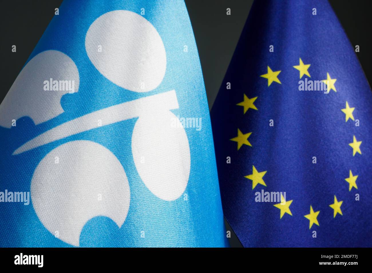 KYIV, UKRAINE - January 10, 2023. OPEC and EU flags. Stock Photo