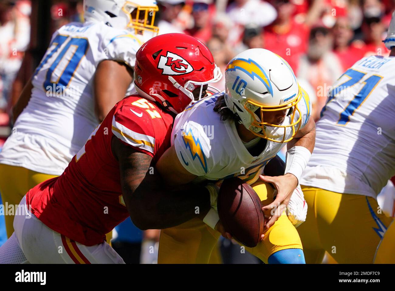 Kansas City Chiefs defensive end Mike Danna (51) sacks Los Angeles Chargers  quarterback Justin Herbert (10) during an NFL football game Sunday, Nov.  20, 2022, in Inglewood, Calif. (AP Photo/Kyusung Gong Stock Photo - Alamy