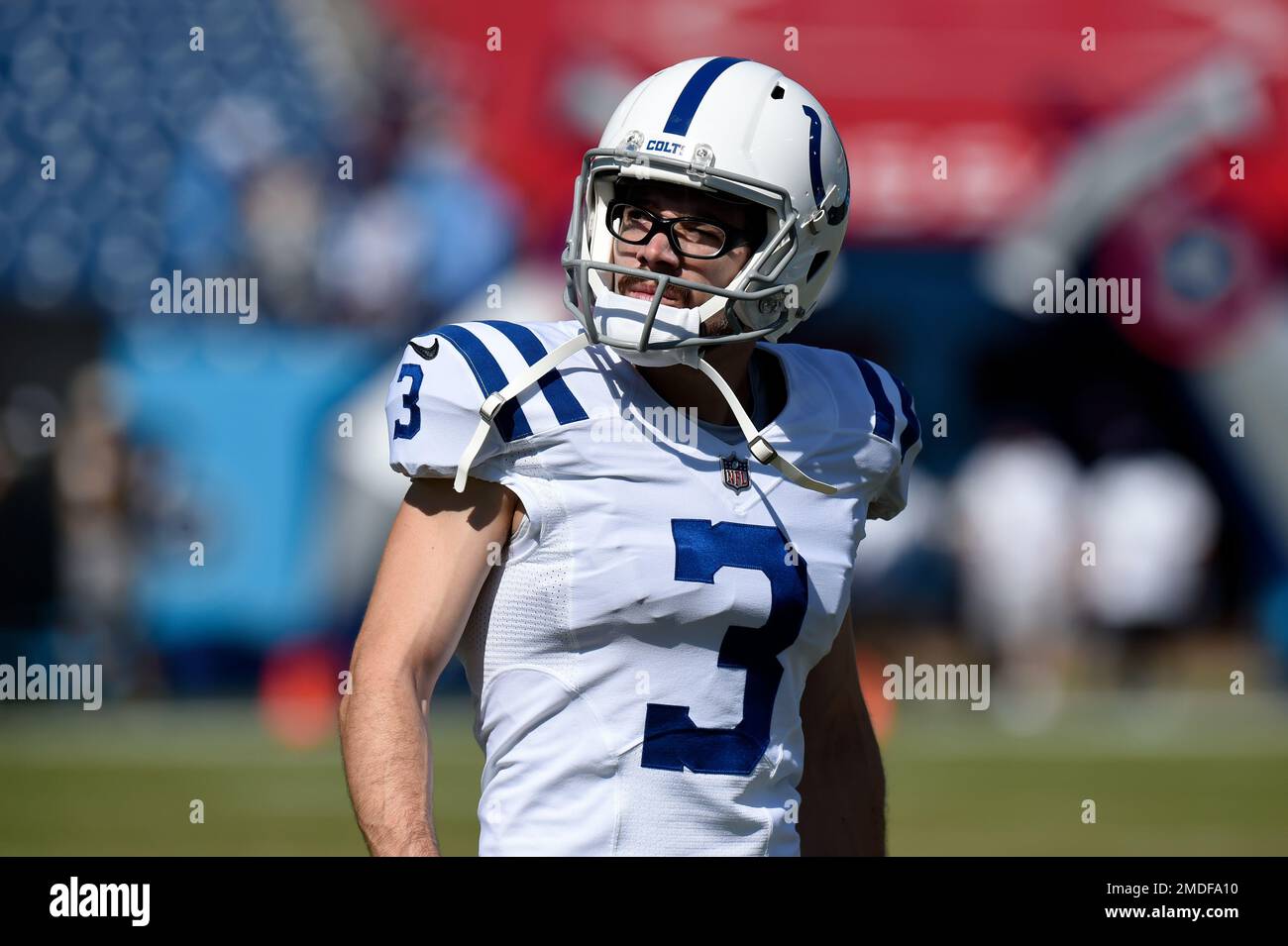 Indianapolis Colts kicker Rodrigo Blankenship warms up before an