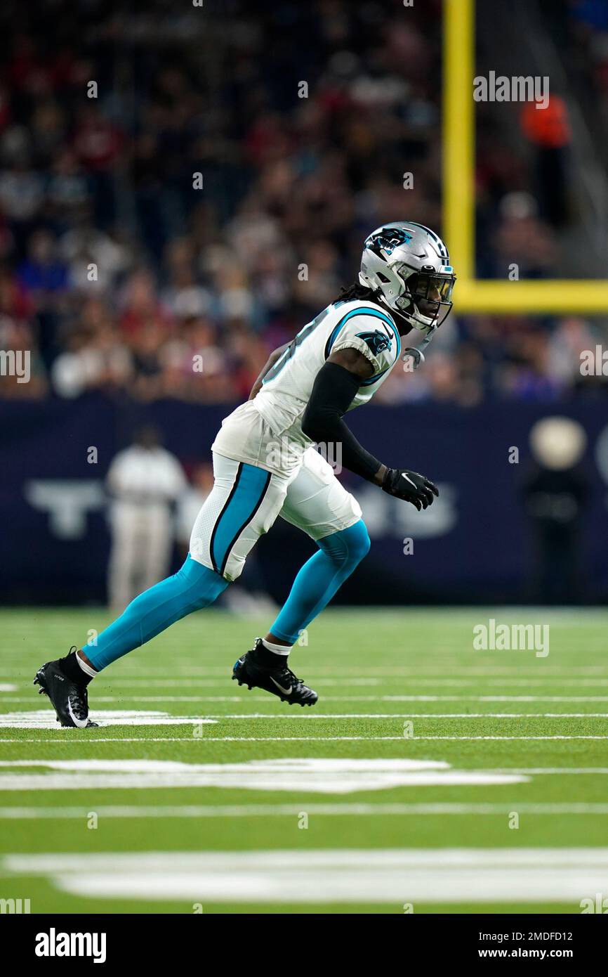 Carolina Panthers defensive back Jaycee Horn (8) runs toward the play  during an NFL football game against the Houston Texans, Thursday, Sept. 23,  2021, in Houston. (AP Photo/Matt Patterson Stock Photo - Alamy