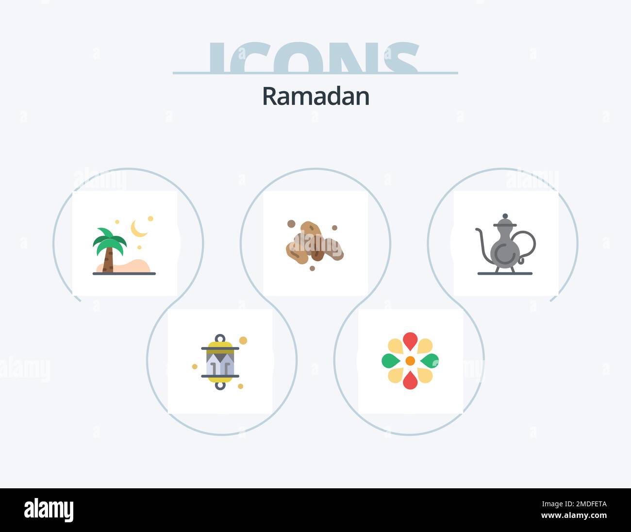 Ramadan Flat Icon Pack 5 Icon Design. cup. holy. ramadan. fruit. palm trees Stock Vector