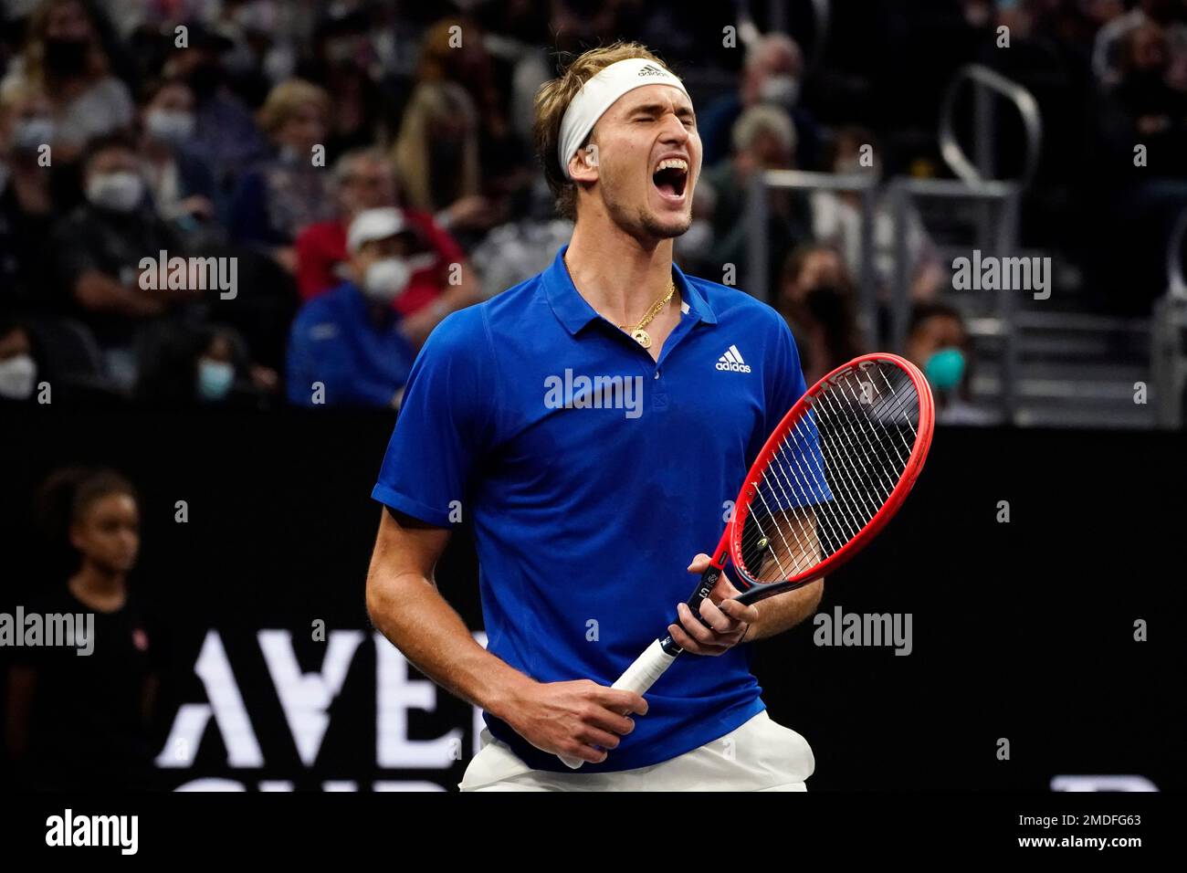 Team Europe's Alexander Zverev, of Germany, celebrates a point during his  match against Team World's John Isner, of the USA, during Laver Cup tennis,  Saturday, Sept. 25, 2021, in Boston. (AP Photo/Elise