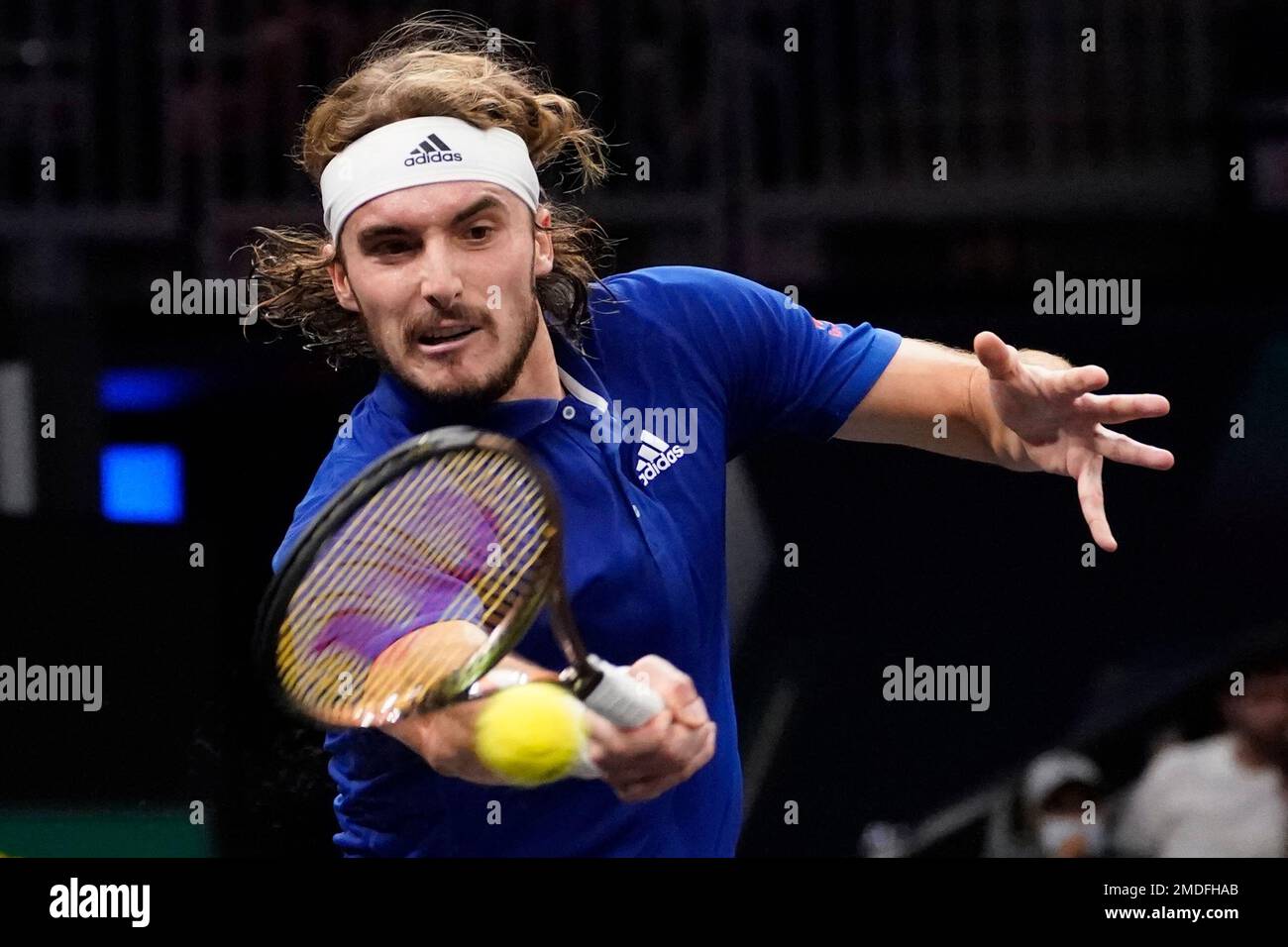 Team Europes Stefanos Tsitsipas, of Greece, returns the ball to Team Worlds Nick Kyrgios, of Australia, during Laver Cup tennis, Saturday, Sept