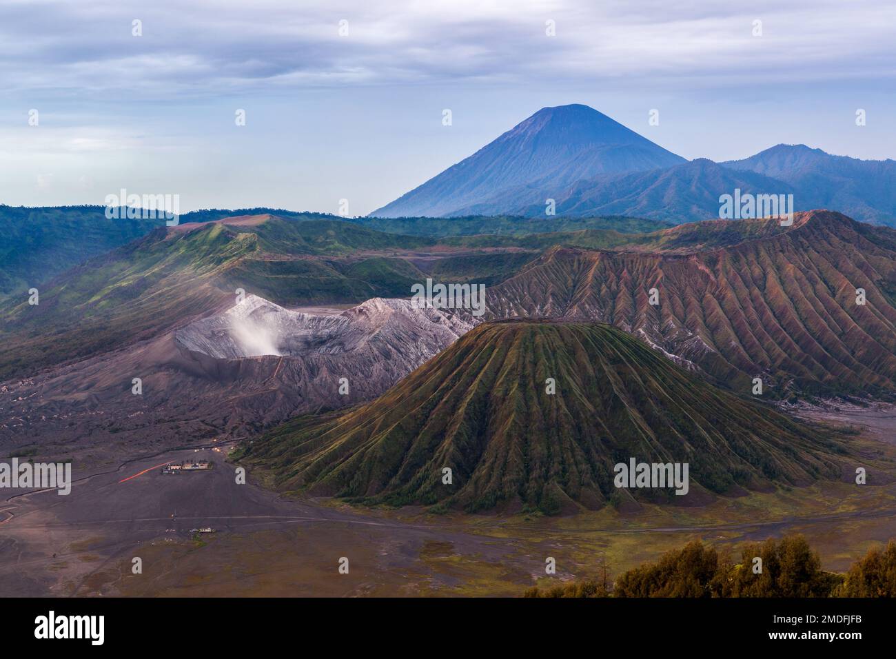 Caldera Tengger, Bromo, Batok, and Semeru volcanoes at Java island in Indonesia. Stock Photo