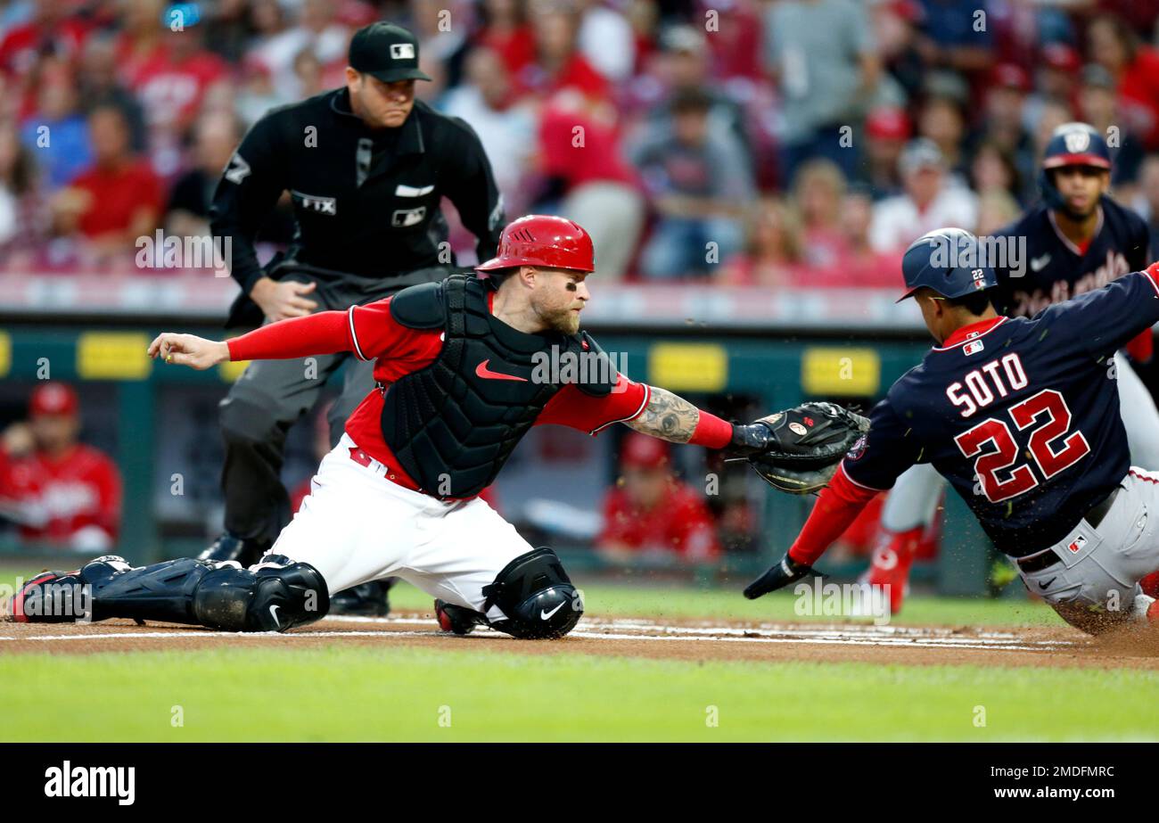 Washington Nationals' Juan Soto, front, stands in the dugout before a  baseball game against the Kansas City Royals, Saturday, July 6, 2019, in  Washington. The Nationals are paying tribute to the Montreal