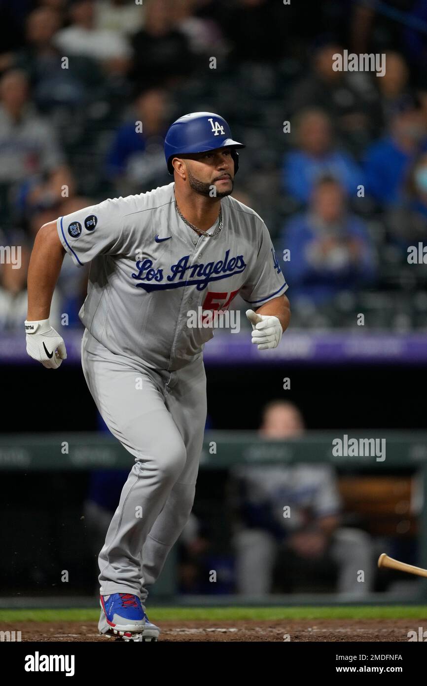 Los Angeles Dodgers first baseman Albert Pujols (55) in the ninth inning of  a baseball game Wednesday, Sept. 22, 2021, in Denver. The Rockies won 10-5.  (AP Photo/David Zalubowski Stock Photo - Alamy