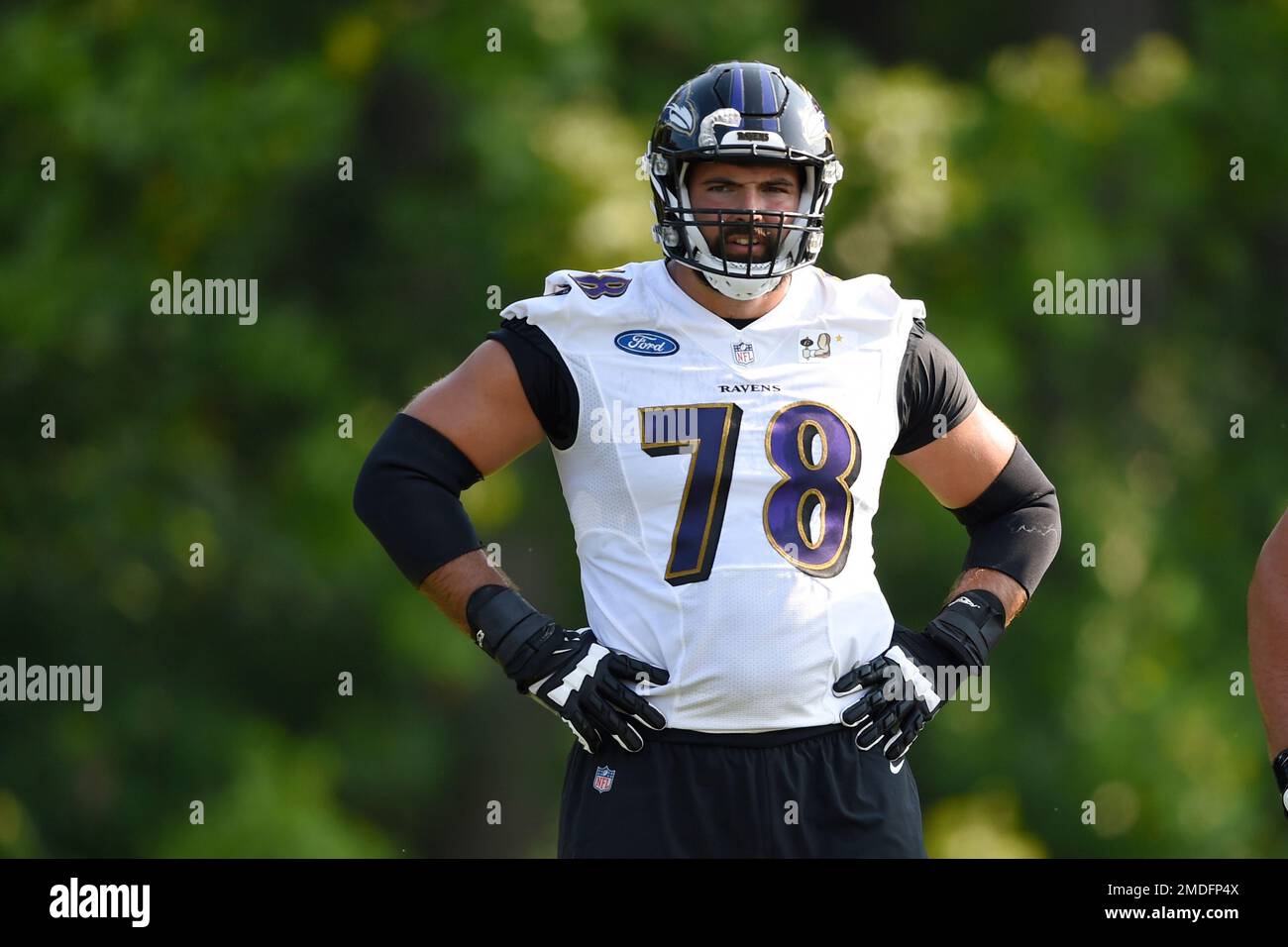 FILE - Baltimore Ravens offensive tackle Alejandro Villanueva (78) looks on  during the second half of an NFL football game against the Cleveland  Browns, Nov. 28, 2021, in Baltimore. After six years