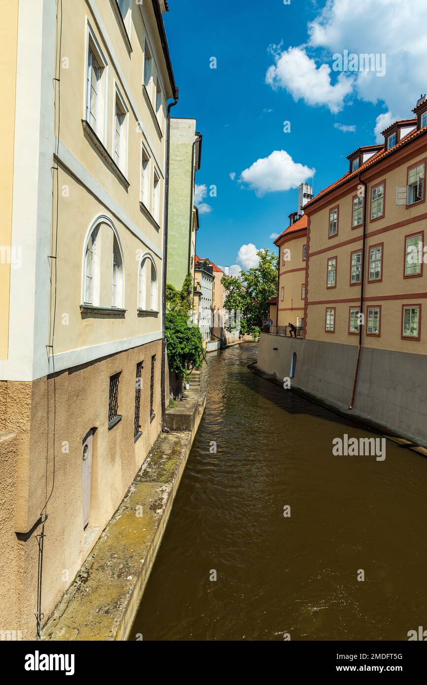 Certovka water canal with buildings around near Karluv most bridge in Praha city in Czech republic Stock Photo