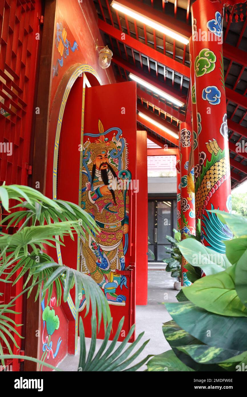 Chinese shrine door panel painted with Door Guardian, Bangkok, Thailand. Stock Photo