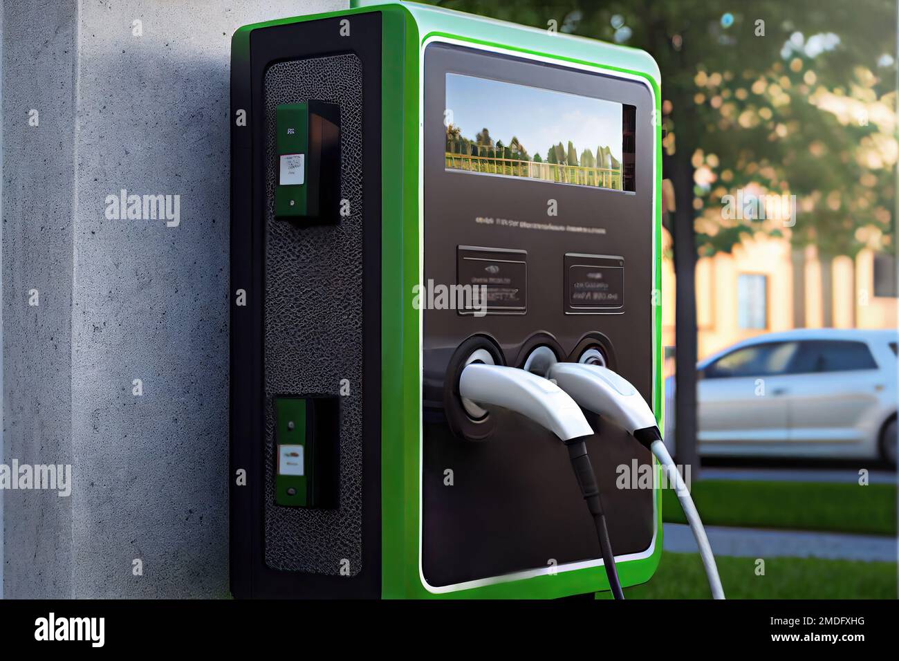 A modern, sleek and efficient charging station for electric vehicles. Compatible with all types of Ef s, clear charging status, real-time information Stock Photo