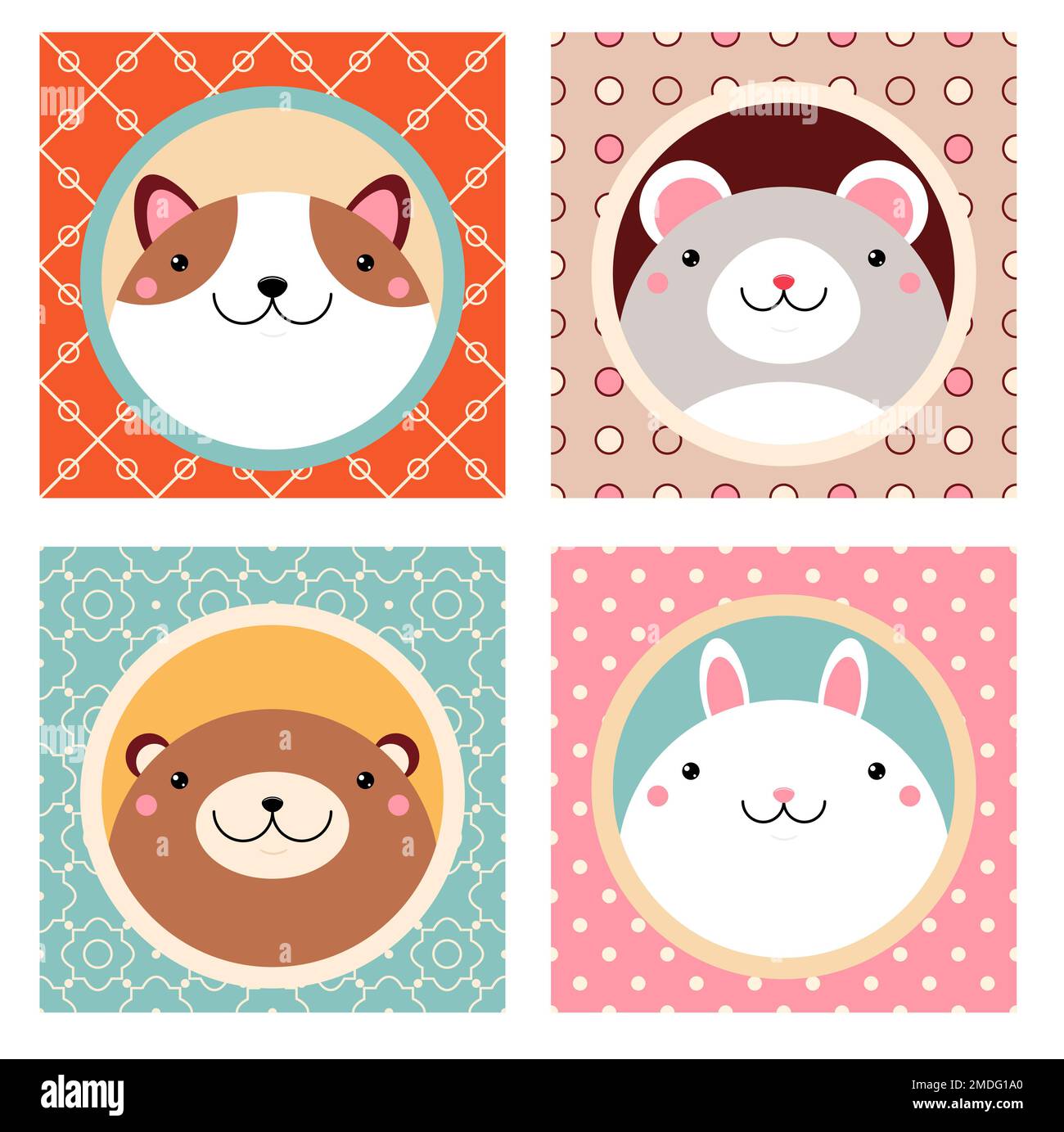 Set of kawaii member icon. Square cards with cute cartoon animals. Baby collection of avatars with bunny, dog, bear, mouse. Vector illustration EPS8 Stock Photo