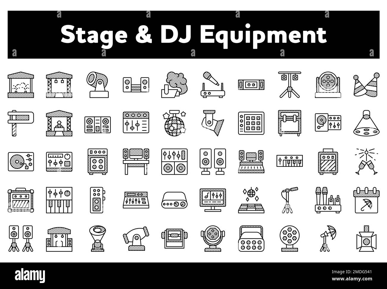 A vector illustration of a pack of "DJ equipment" related icons