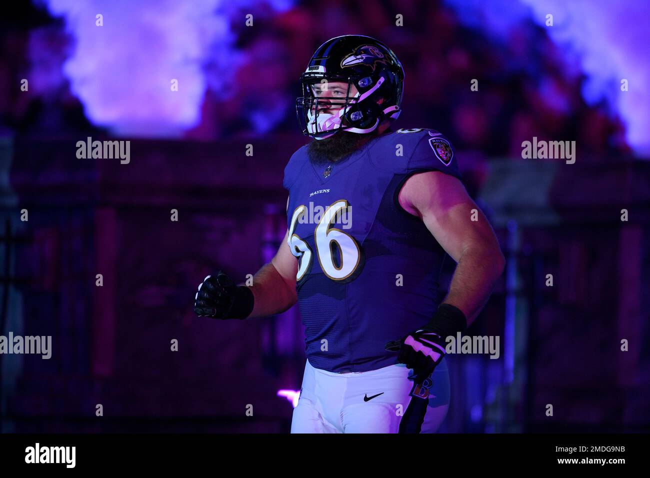 Baltimore Ravens guard Ben Cleveland (66) leaves the field on a