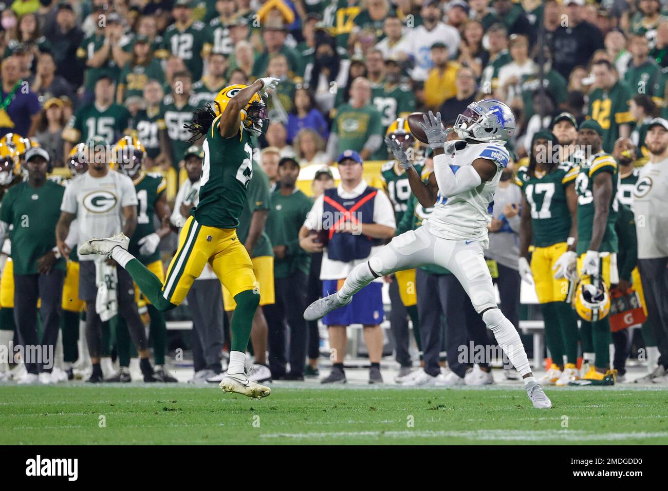 Green Bay Packers cornerback Kevin King (20) breaks up a pass intended for  Detroit Lions wide receiver Quintez Cephus (87) during the first half of an  NFL football game, Monday, Sept. 20