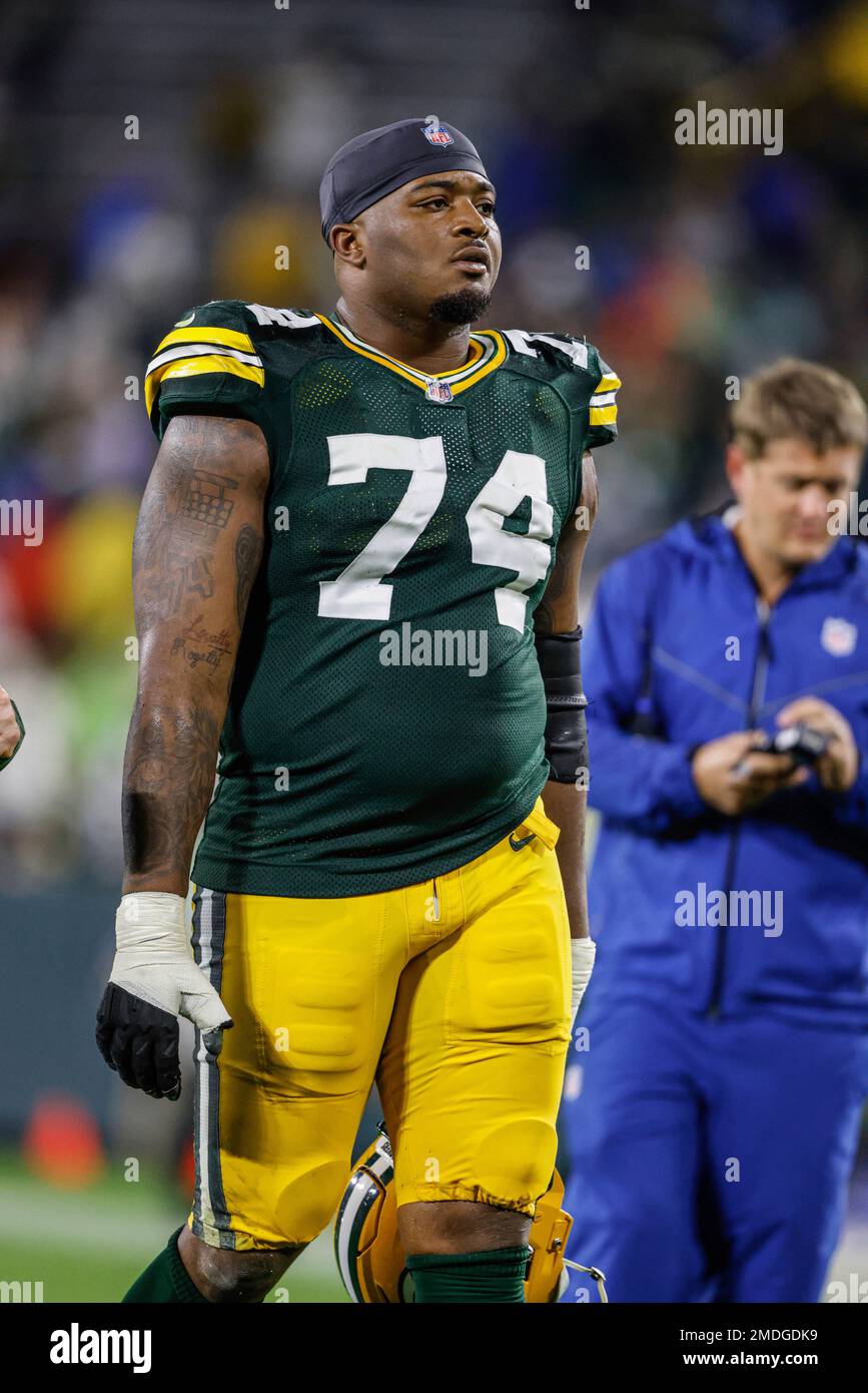 Green Bay Packers offensive guard Elgton Jenkins (74) after after an NFL  football game against the Detroit Lions Monday, Sept 20. 2021, in Green Bay,  Wis. (AP Photo/Jeffrey Phelps Stock Photo - Alamy