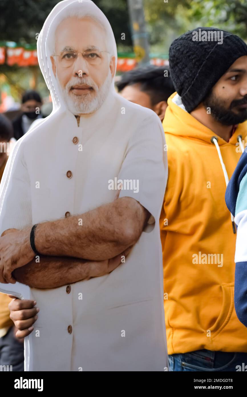 New Delhi, India - January 16 2023 – Prime Minister Narendra Modi cut out during BJP road show, the status of PM Modi while attending a big rally in t Stock Photo
