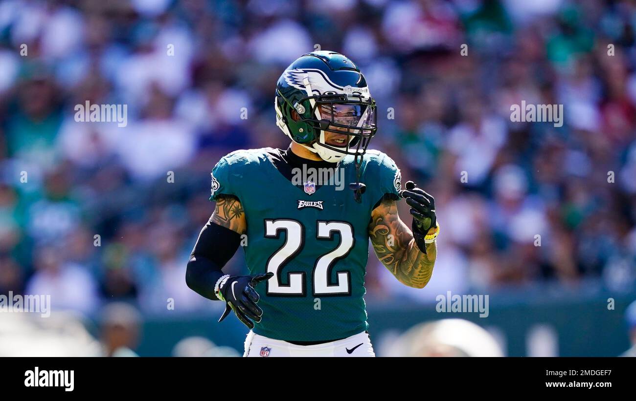 Philadelphia Eagles free safety Marcus Epps (22) walks off the field after  an NFL football game against the New York Giants, Sunday, Nov. 28, 2021, in  East Rutherford, N.J. (AP Photo/Adam Hunger