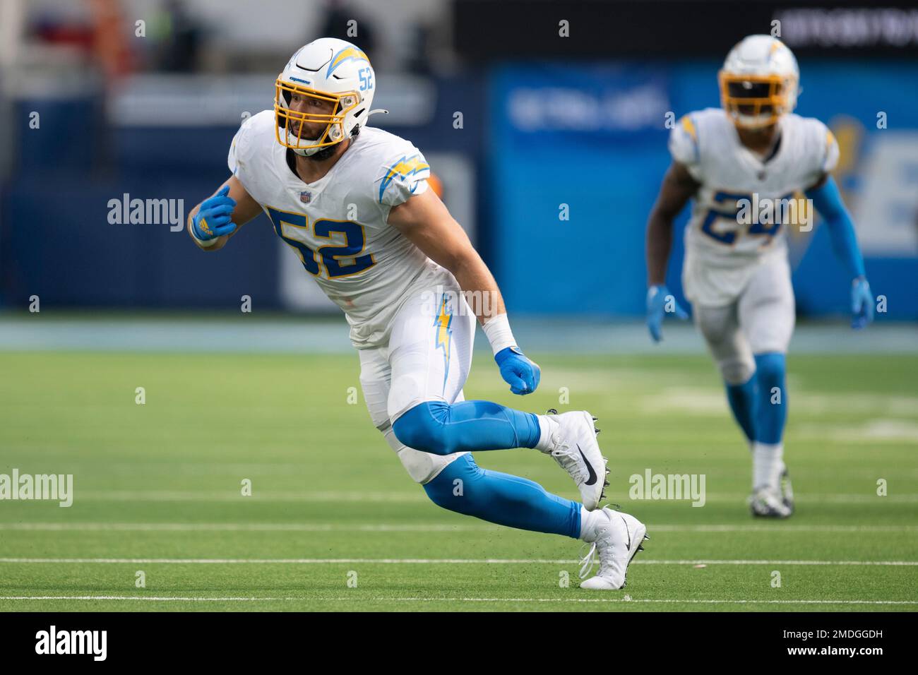 Los Angeles Chargers linebacker Kyler Fackrell is pictured during an NFL  preseason football game against the Seattle Seahawks, Saturday, Aug. 28,  2021, in Seattle. The Seahawks won 27-0. (AP Photo/Stephen Brashear Stock