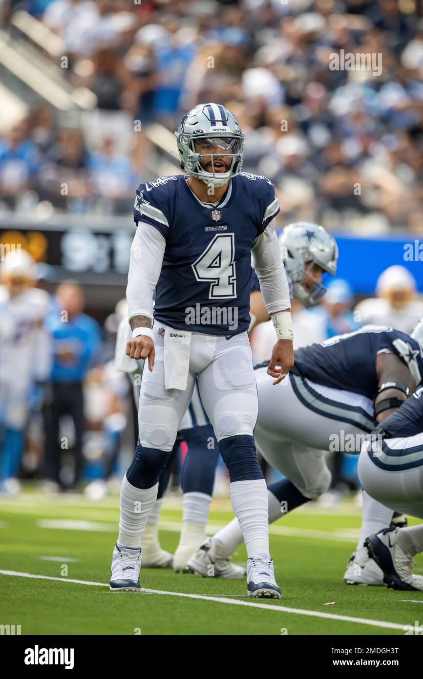 Quarterback (4) Dak Prescott of the Dallas Cowboys calls a play against the  Los Angeles Chargers in an NFL football game, Sunday, Sept. 19, 2021, in  Inglewood, Calif. The Cowboys defeated the