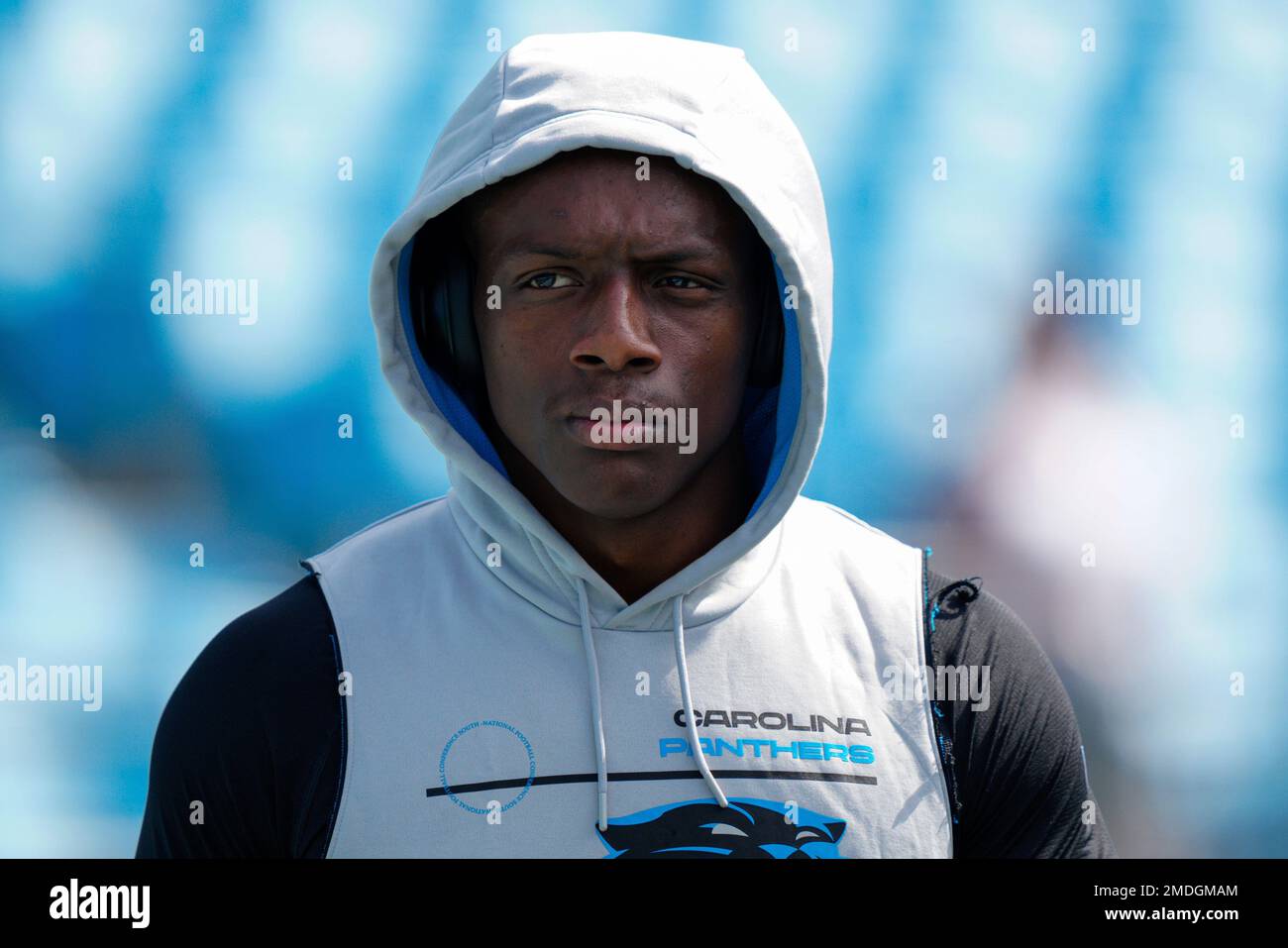 Carolina Panthers cornerback Jaycee Horn warms up before an NFL