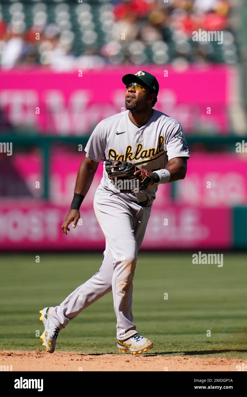 Oakland Athletics' Elvis Andrus looks to catch a ball during a baseball  game against the Los Angeles Angels Monday, Sept. 20, 2021, in Anaheim,  Calif. (AP Photo/Jae C. Hong Stock Photo - Alamy
