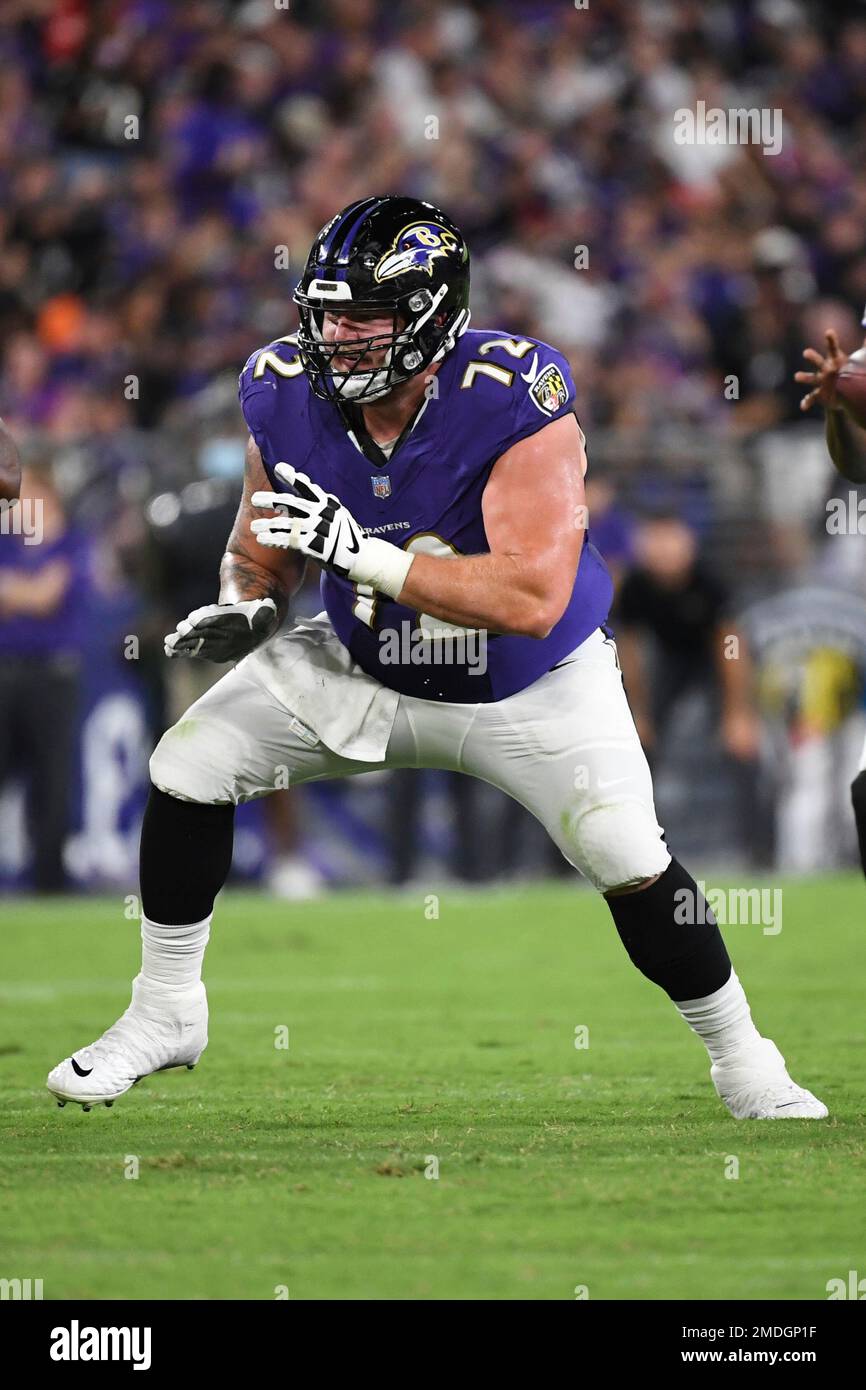 Baltimore Ravens guard Ben Cleveland (66) in action during the