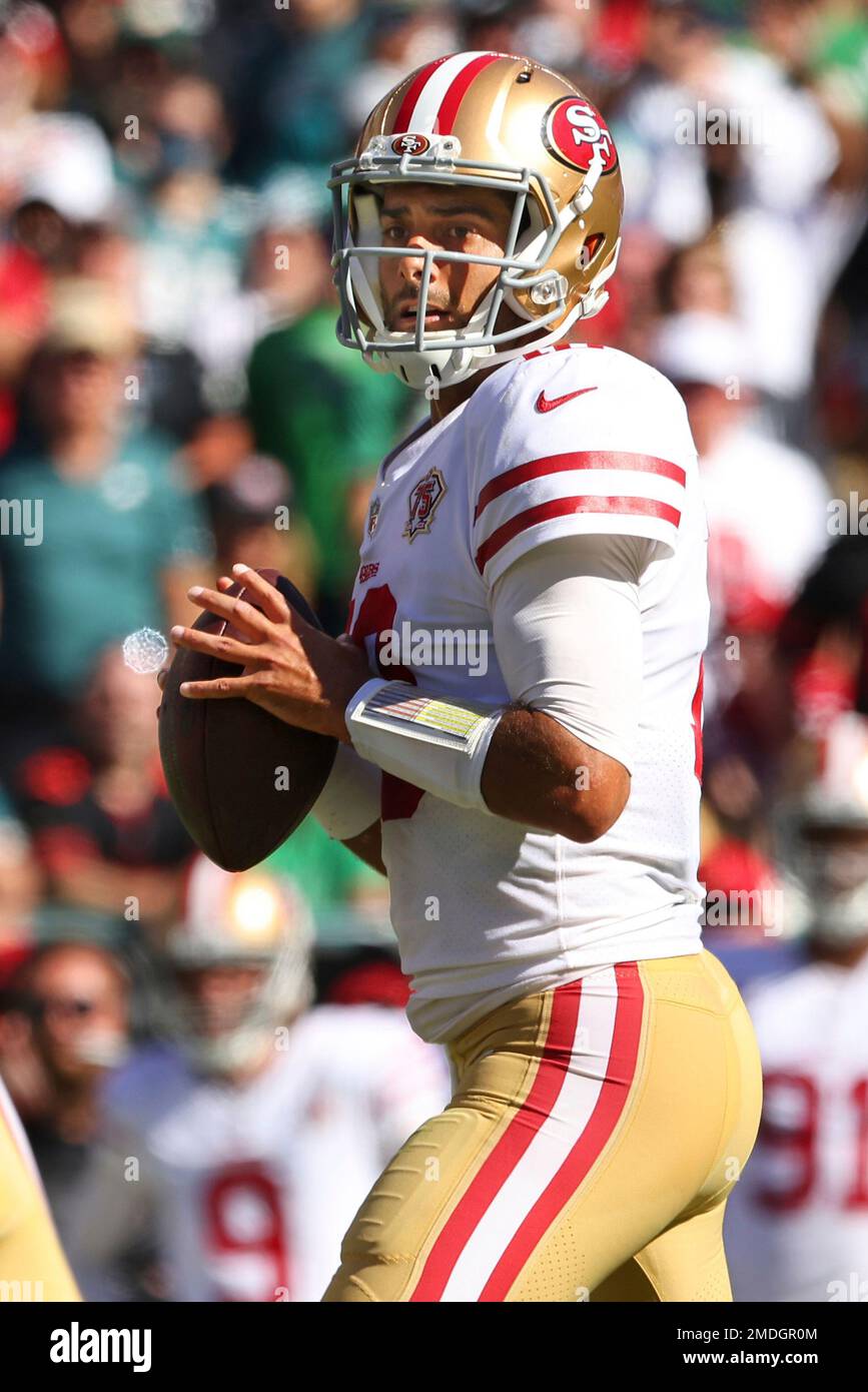 Inglewood, United States. 09th Jan, 2022. San Francisco 49ers Jimmy  Garoppolo raises his hands in triumph after beating the Rams in overtime at  SoFi Stadium on Sunday, January 9, 2022 in Inglewood