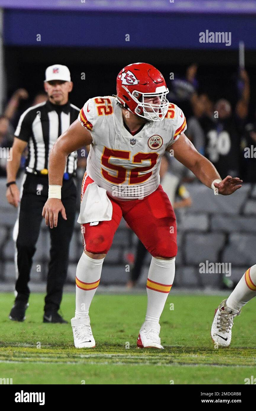 KANSAS CITY, MO - DECEMBER 12: Kansas City Chiefs center Creed Humphrey  (52) looks to block for quarterback Patrick Mahomes (15) in the third  quarter of an NFL game between the Las