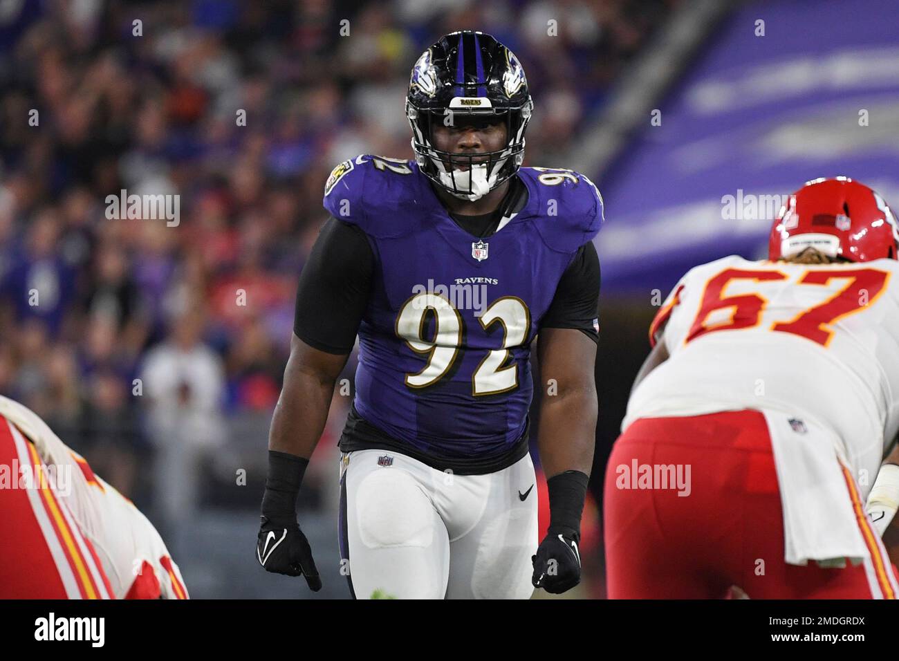 Baltimore Ravens defensive tackle Justin Madubuike (92) gets to