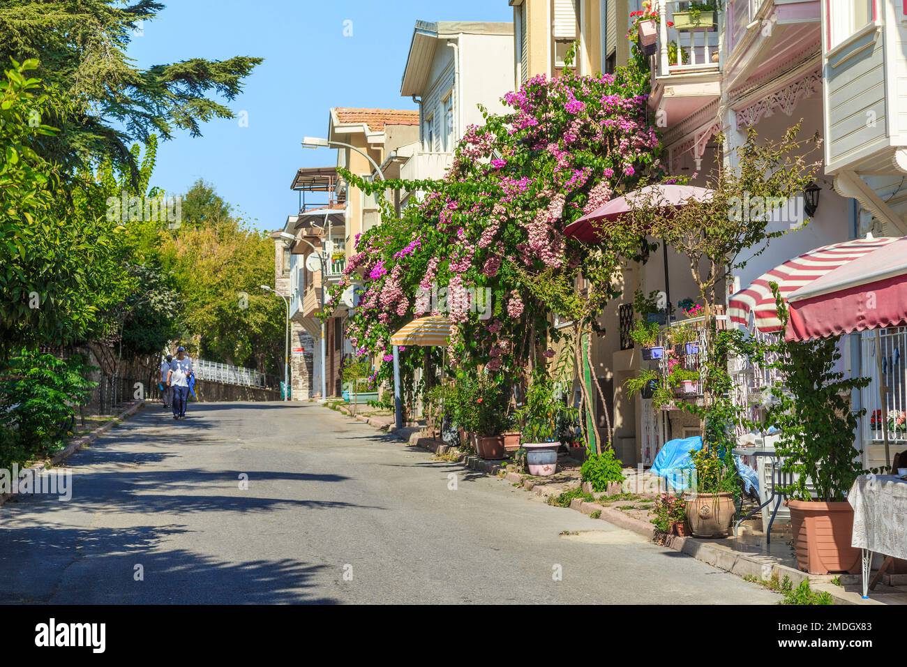 HEYBELIADA ISLAND, TURKEY - SEPTEMBER 15, 2017: This is one of the streets of a small island from the Prince Islands group in the Sea of Marmara. Stock Photo