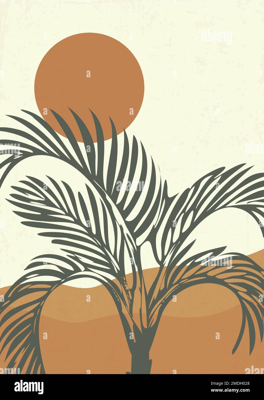 Oasis in the desert minimalistic printable illustration. Dunes and palm
