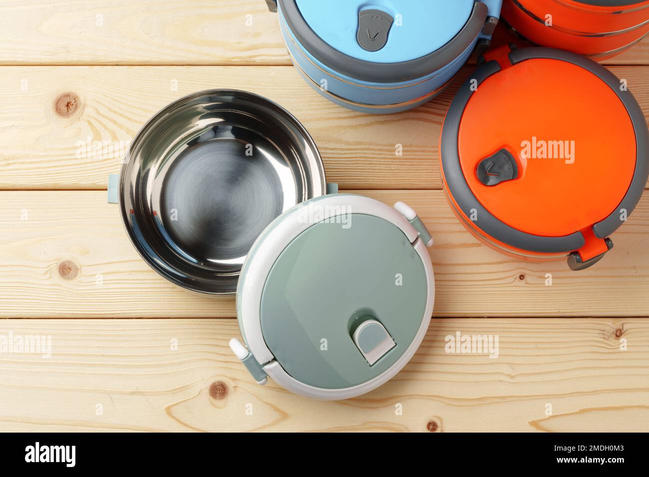 New empty plastic lunch box on a wooden background Stock Photo