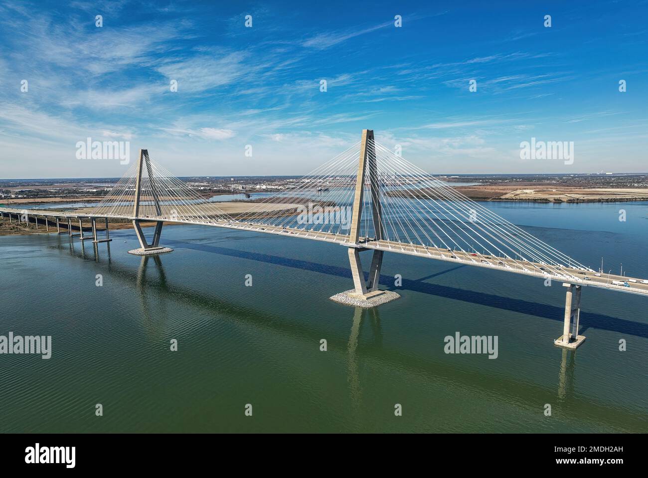 An aerial view of The Arthur Ravenel Jr. Bridge over river Stock Photo