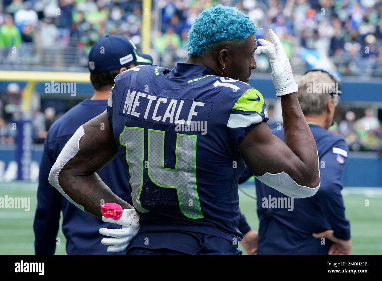 Seattle Seahawks wide receiver DK Metcalf stands on the sideline during the  second half of an NFL football game against the Tennessee Titans, Sunday,  Sept. 19, 2021, in Seattle. The Titans won