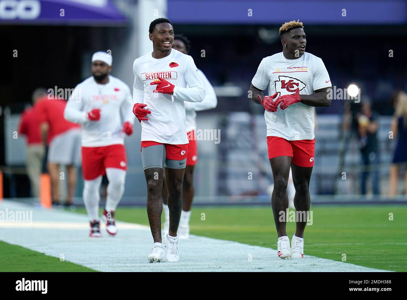 Kansas City Chiefs wide receivers Skyy Moore (24) and Corey Coleman (19)  arrive at NFL football training camp Sunday, Aug. 7, 2022, in St. Joseph,  Mo. (AP Photo/Charlie Riedel Stock Photo - Alamy