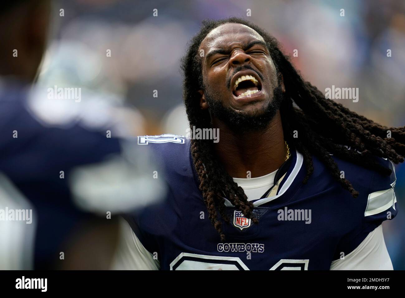 Dallas Cowboys cornerback Maurice Canady wears a Crucial Catch hoodie  during warm ups before an NFL football game against the Carolina Panthers,  Sunday, Oct. 3, 2021, in Arlington, Texas. Dallas won 36-28. (