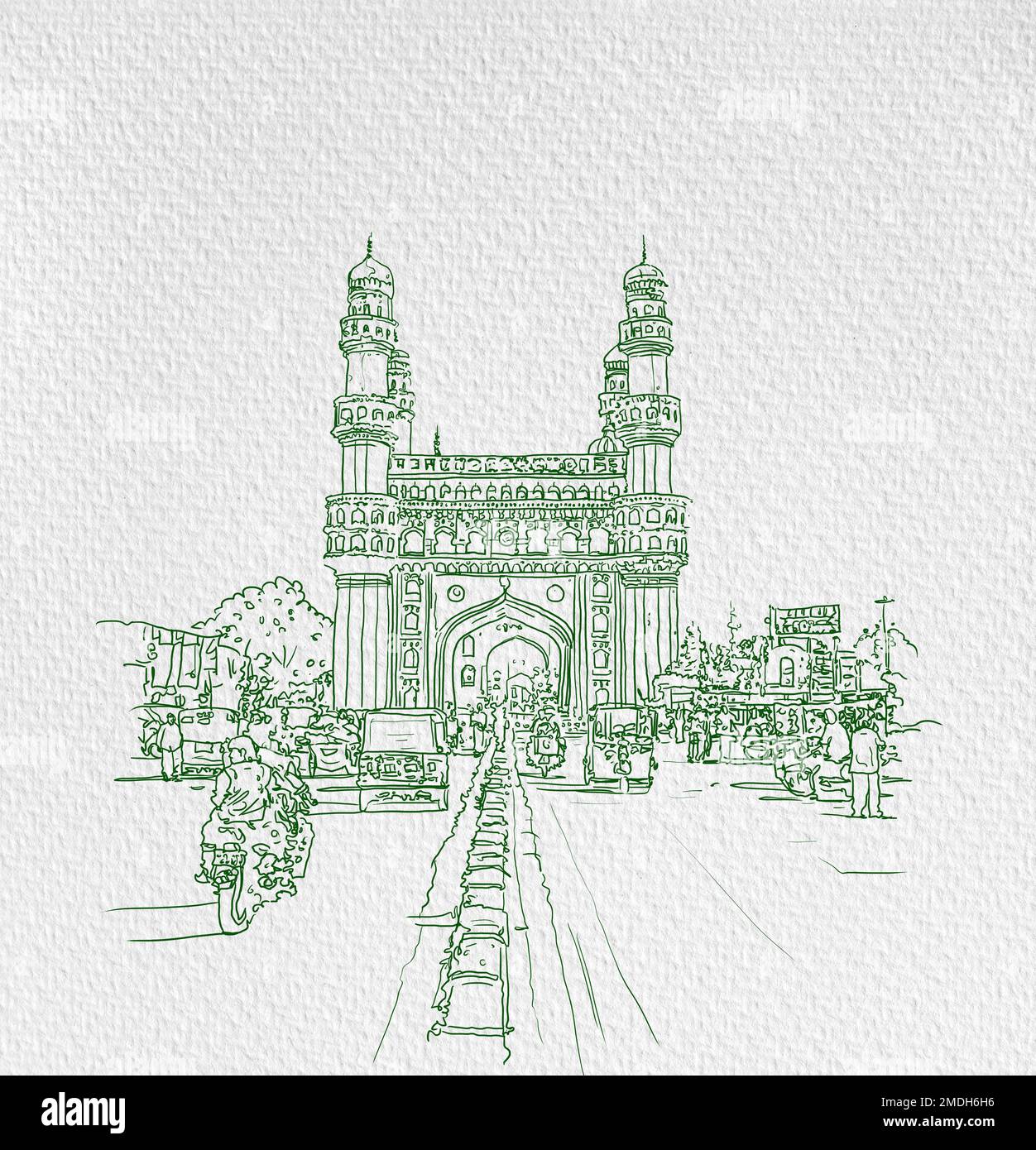 Charminar Hyderabad India, illustration or sketch, hand drawn illustration, Asian illustration, Hyderabad City line art illustration, HYDERABAD city . Stock Photo