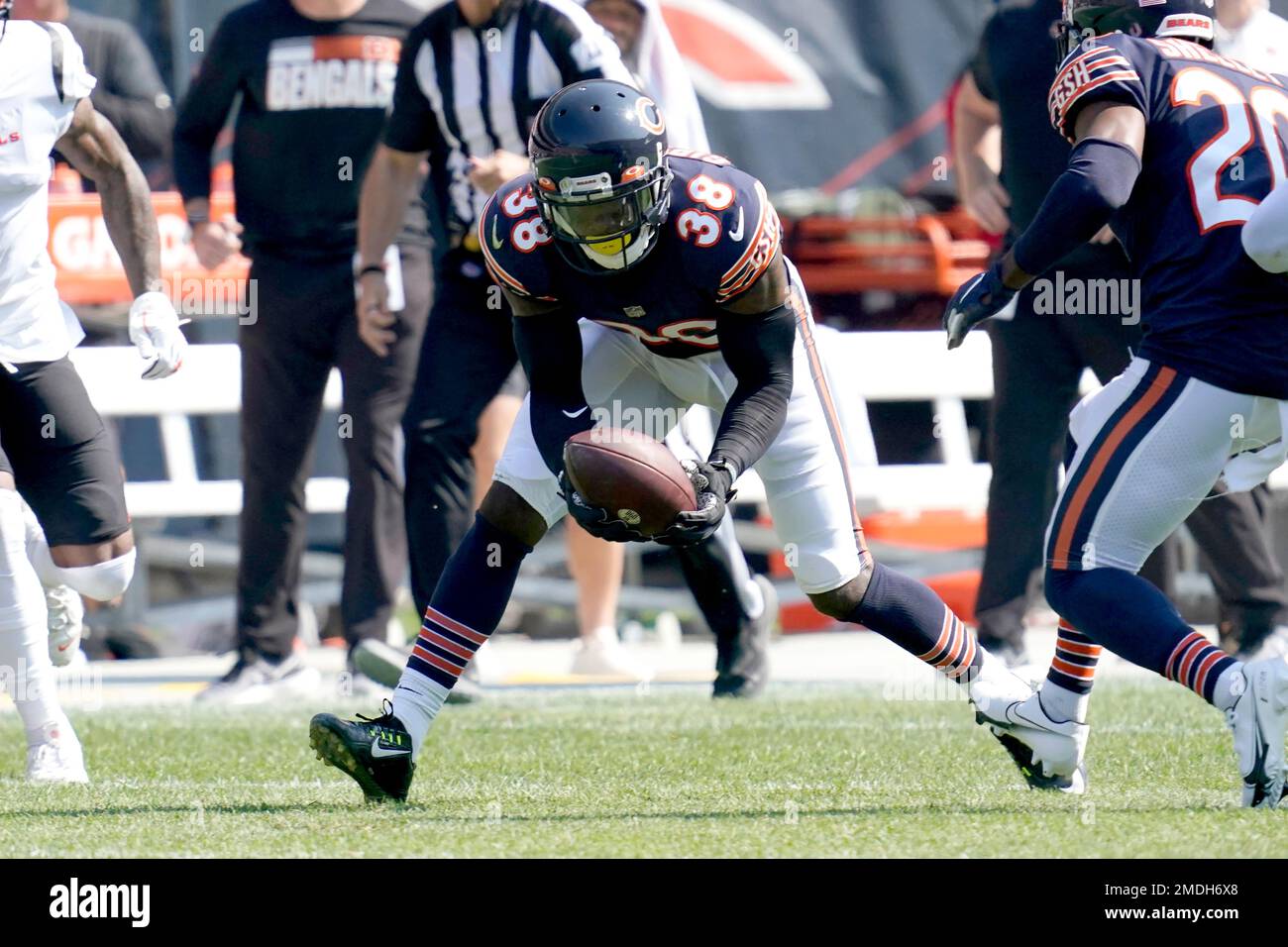 Chicago Bears strong safety Tashaun Gipson recovers a fumble by Cincinnati  Bengals' Tee Higgins during the second half of an NFL football game Sunday,  Sept. 19, 2021, in Chicago. (AP Photo/Nam Y.