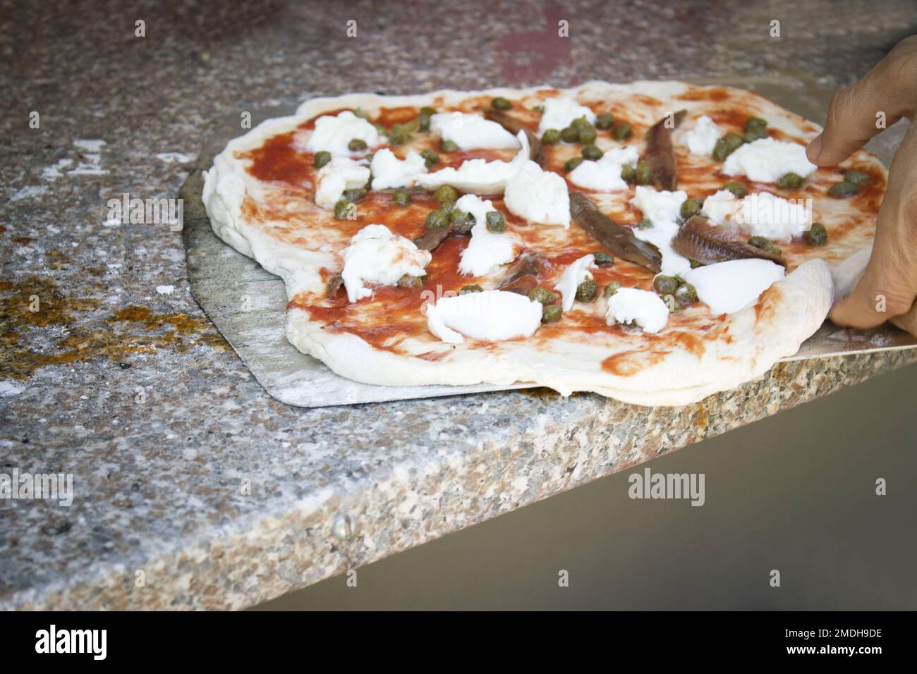Homemade anchovy and cheese pizza with tomato. No people Stock Photo