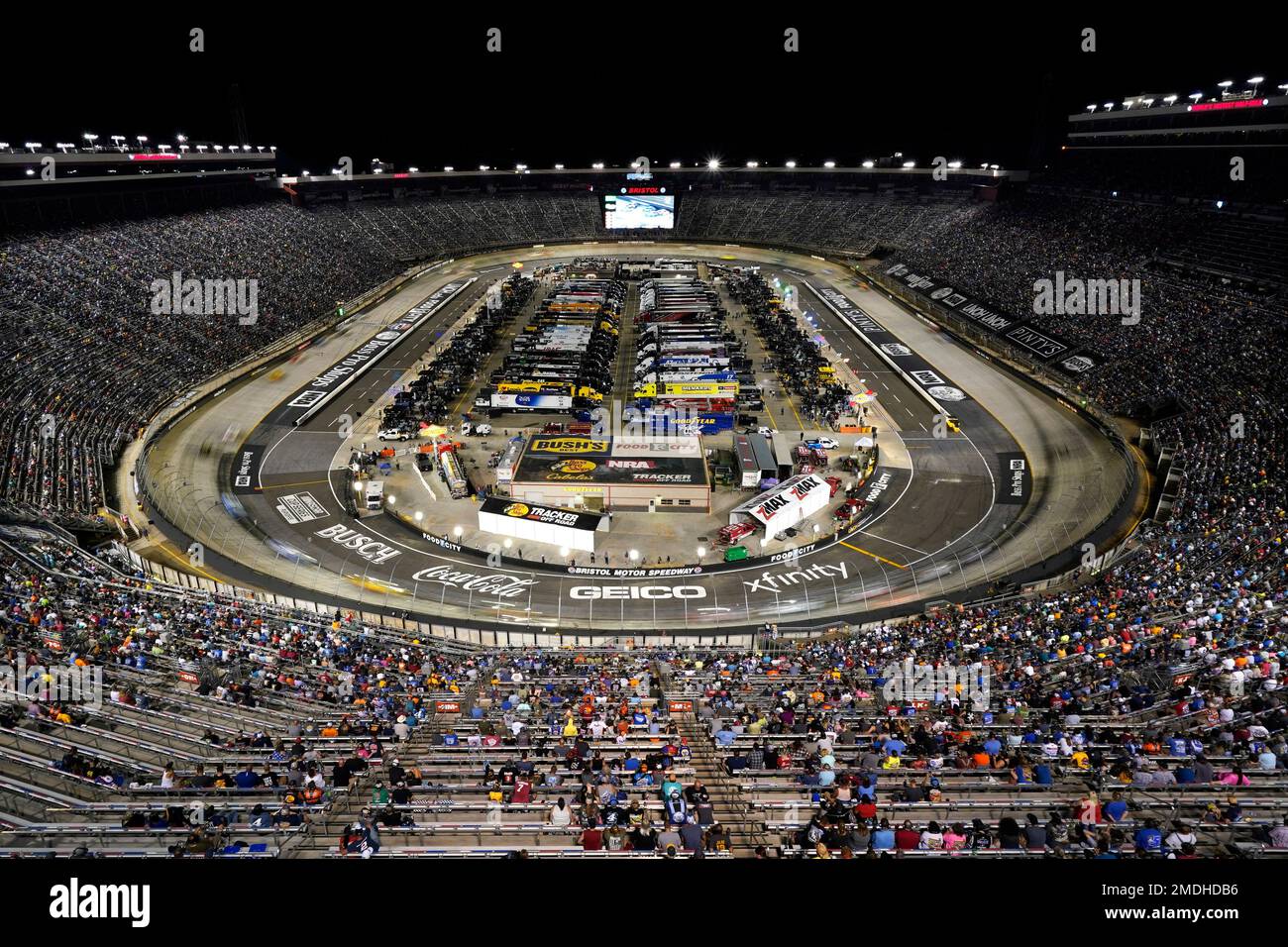Fans watch a NASCAR Cup Series auto race at Bristol Motor Speedway Saturday, Sept