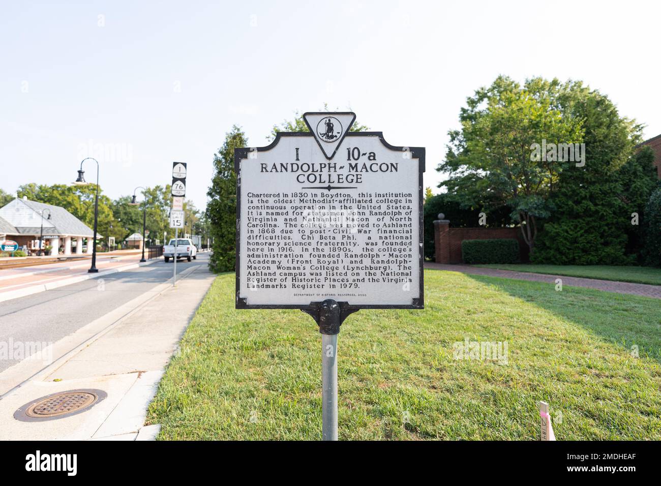 A closeup photo of a historic marker sign for Randolph Macon College in Ashland Virginia Stock