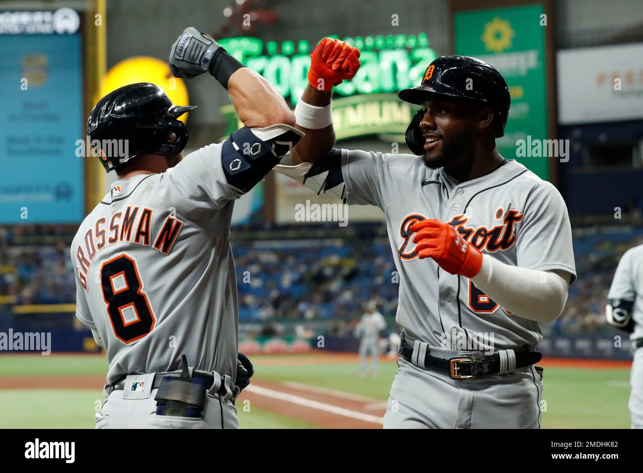 Akil Baddoo of the Detroit Tigers celebrates after hitting a home