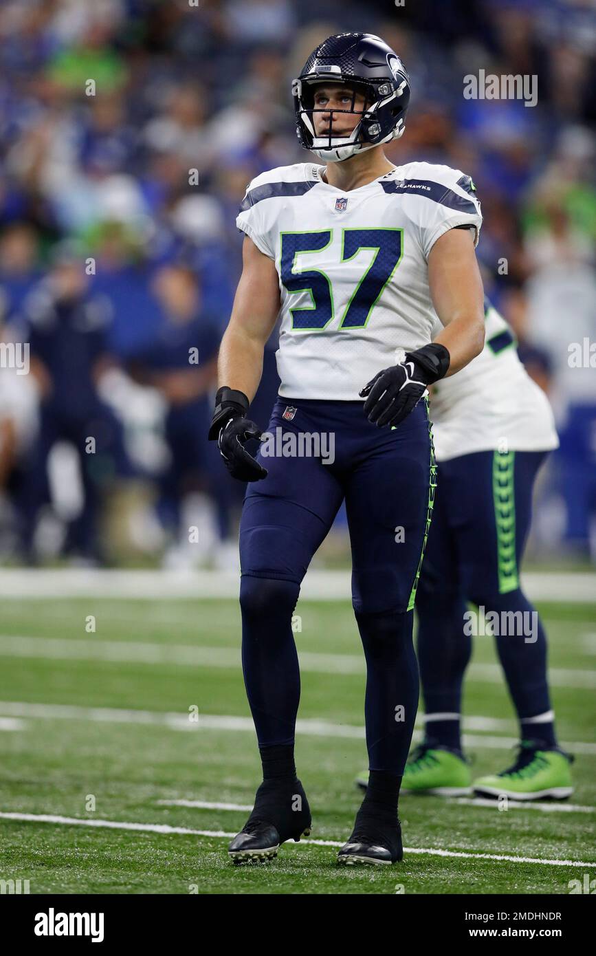 Seattle Seahawks linebacker Cody Barton (57) lines up against the  Indianapolis Colts during an NFL football game in Indianapolis, Sunday,  Sept. 12, 2021. (Jeff Haynes/AP Images for Panini Stock Photo - Alamy