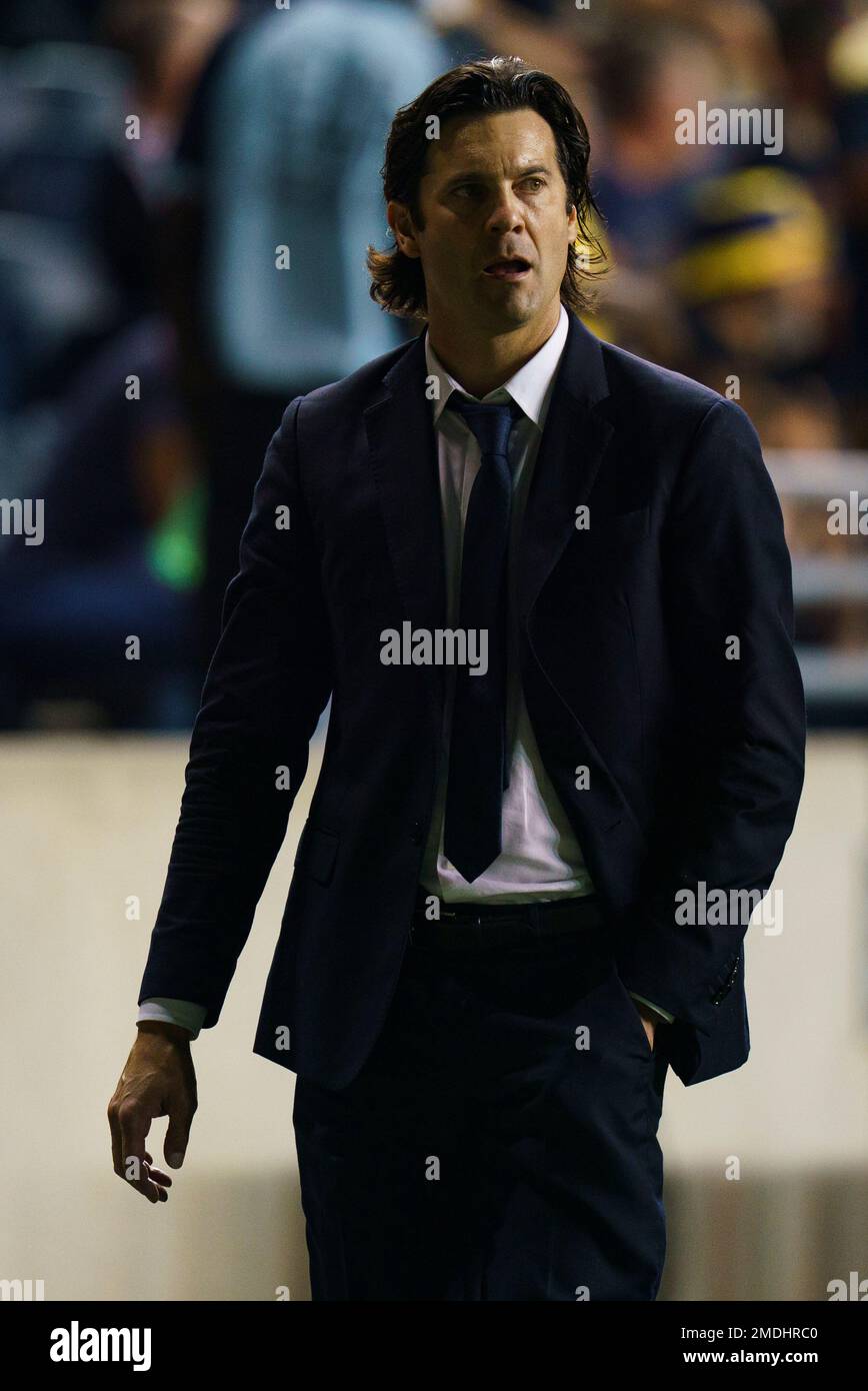 Club America's head coach Santiago Solari looks on during the first half of  a CONCACAF Champions League soccer match against the Philadelphia Union,  Wednesday, Sept. 15, 2021, in Chester, Pa. Club America