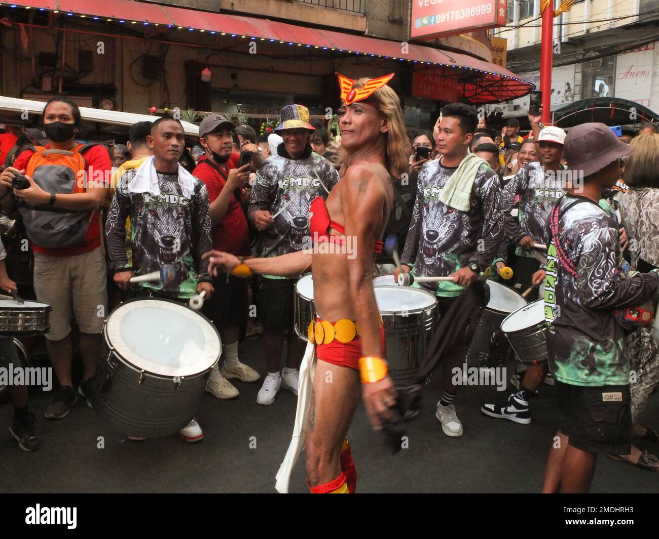 Manila, Philippines. 22nd Jan, 2023. A gay impersonator dressed as local comics heroin 'Darna' dances at Ongpin street in Manila. After two year absence because of the COVID-19 pandemic, Chinese-Filipinos community, The pure Filipinos in the country as well as foreigners touring the country can now both enjoy the festivities of the Lunar New year here in Binondo or Manila's Chinatown in the Philippines. (Photo by Josefiel Rivera/SOPA Images/Sipa USA) Credit: Sipa USA/Alamy Live News Stock Photo
