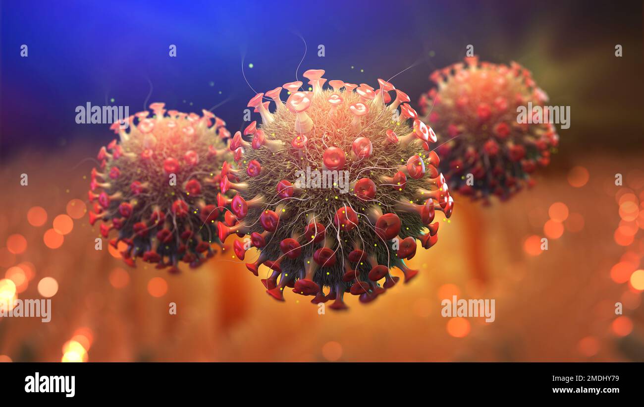 Virus inside organism. Replication and mutation of viruses. Macro 3D illustration. Microbiology and Virology as a Science of Future Stock Photo