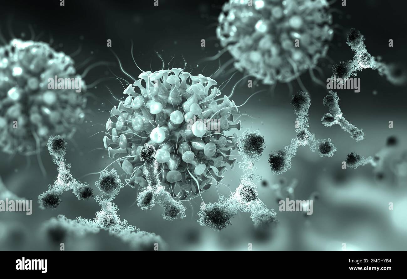 Virus protection. Antibodies and viral infection. Immune defense of the body. Attack on antigens 3D illustration Stock Photo