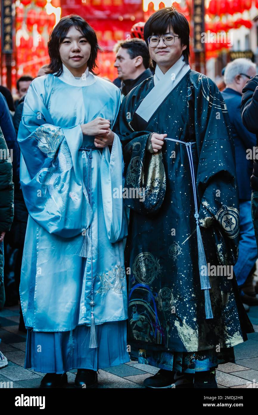 People in traditional chinese dress at the lunar new year festivities in China Town. Stock Photo