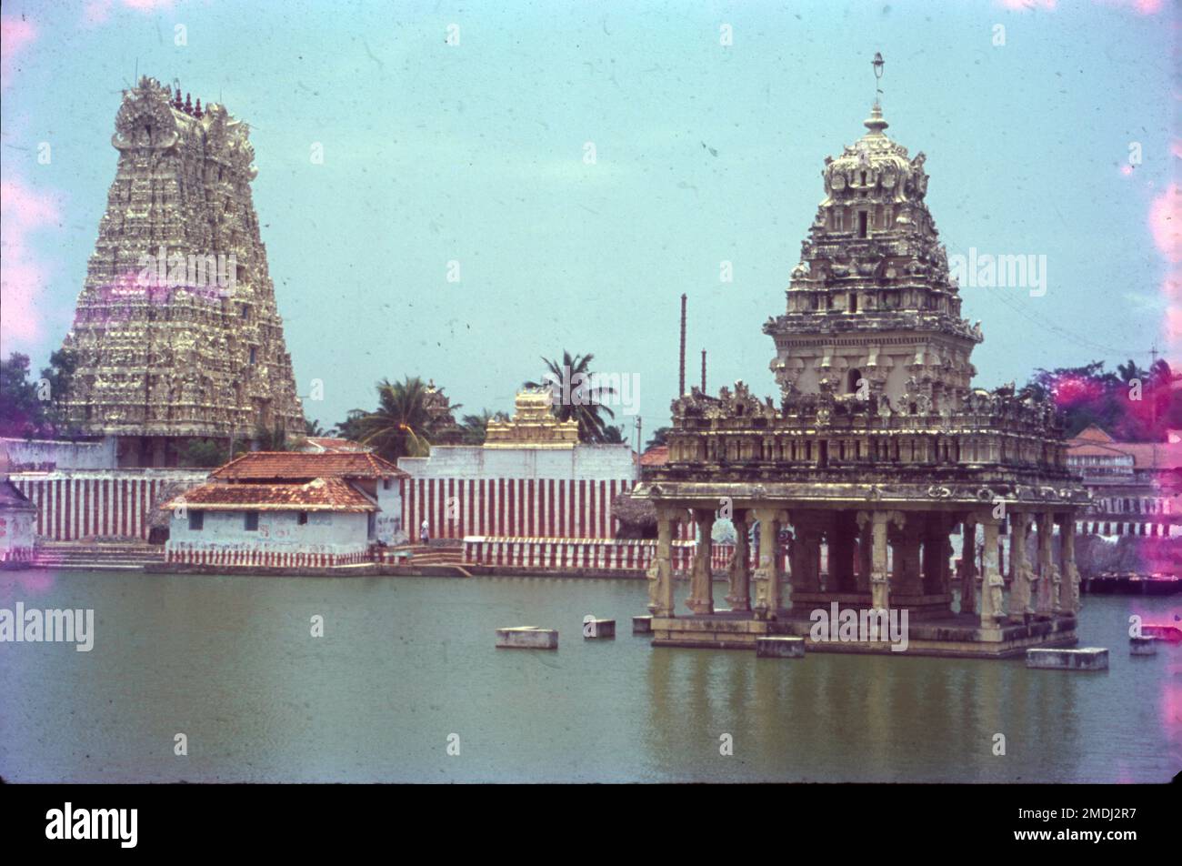 Suchindram Temple also known as Thanumalayan Temple is located in Suchindram district of Kanyakumari, at a distance of around 11 km from Kanyakumari. The striking aspect of this temple is that it is dedicated to the Trinity of God, Lord Shiva, Lord Vishnu and Lord Brahma. Stock Photo